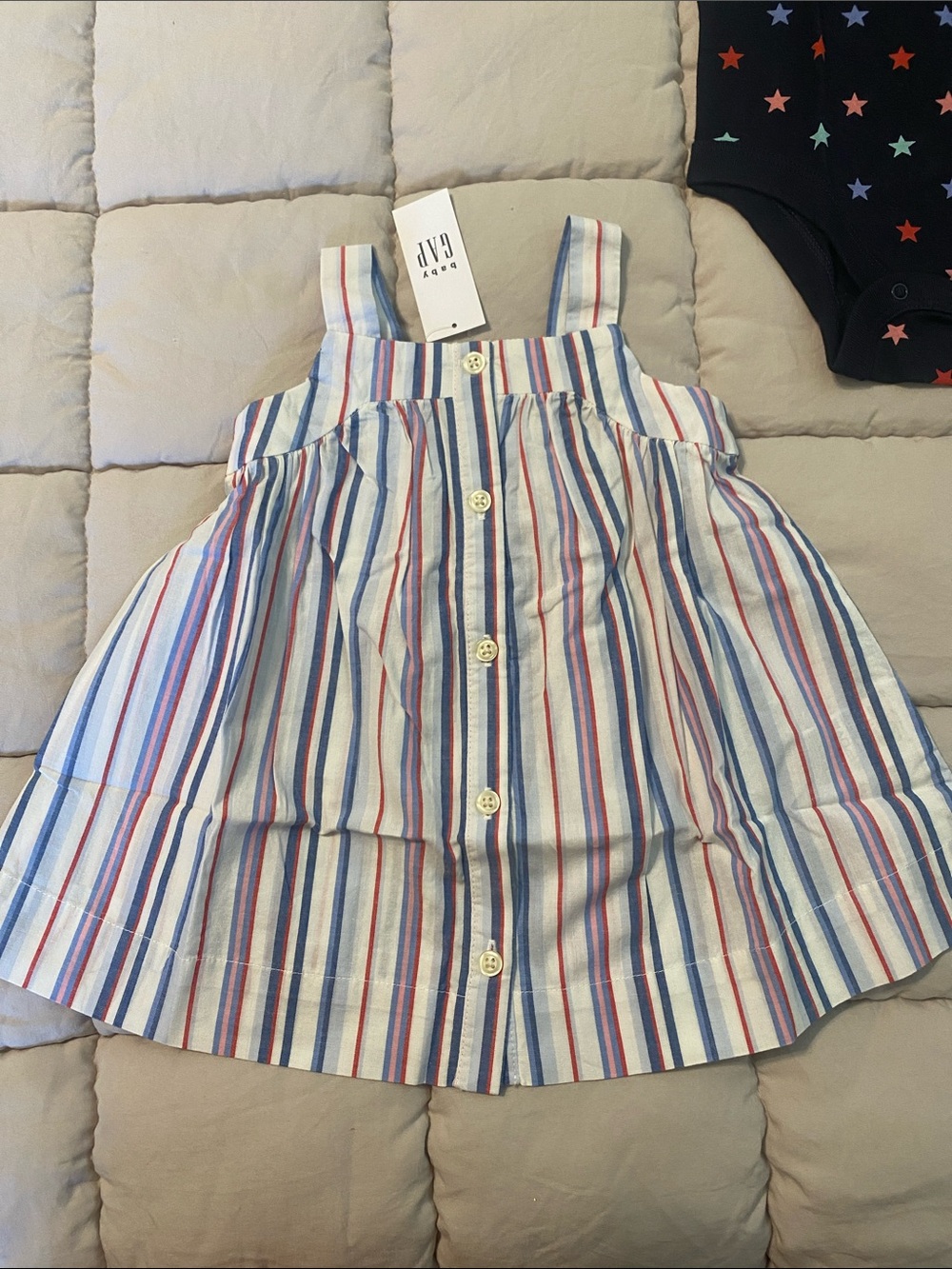 GAP Sleeveless Button-Front Dress in White with Blue & Red Stripes